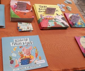 ein paar ihrer bücher at Der Vegane Kinderbuchverlag in Cologne