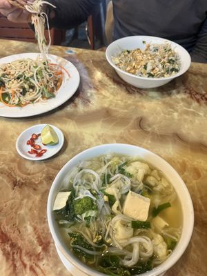 Veggie pho, papaya salad and southern mixed noodles.  #Veganuary at Yummy 2 Restaurant in Hai Phong