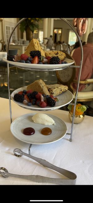 Three types of vegan biscuits, fruit, and agar gummy’s, jams, vegan cream  at The French Room at the Adolphus Hotel in Dallas