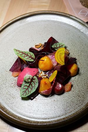 pecans, maple syrup, fermented kohlrabi compressed pears, SALT ROASTED BEET SALAD  at Botanist in Vancouver
