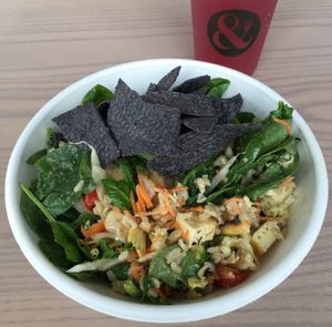 Veganized Crispy Teriyaki warm grain bowl (substitute tofu for chicken & blue corn chips for crispy wontons). Very good. at Crisp & Green in Apple Valley