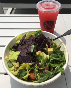 Veganized Cinco de Light Signature Salad (no queso fresco, add tofu and fajita peppers & onions). Healthy, filling & yum. at Crisp & Green in Apple Valley