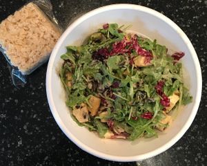 Veganized Wild Child salad (sub tofu for chicken, no cheese). Love the craisins. The Crispie was a nice treat for dessert. at Crisp & Green in Apple Valley
