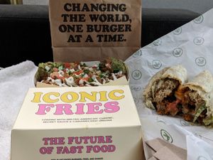 Carne asada sweet potato fries, Buffalo 66 wrap at Plant Power Fast Food in Escondido