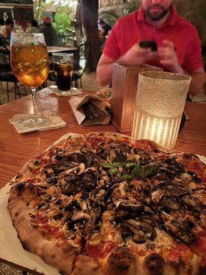 Vegan margharita with mushrooms and aubegine   at Pizzeria Manglar in Tulum