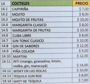 Menu 6 of 6, March 2023 at Inti Garden in Puerto Baquerizo Moreno