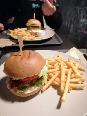 Crispy burger (chicken like, probably from seitan, very tasty!) at Bistro 269 in Vystrkov