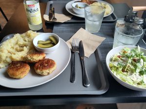 Food of the day, zucchini fritters with mashed potatoes and gurkins and a side salad. at Bistro 269 in Vystrkov