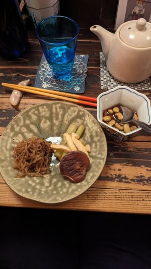 Konjac noodles with mushroom and soybean type soup at Higoro in Tokyo