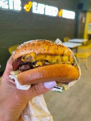 O.G. BETR ($12) - 2 impossible patties, cheddar, lettuce & tomato, grilled onions, pickles, and Jerrell’s special sauce + bacon ($2) at Jerrell's Betr Brgr in Hoboken