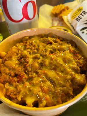 Loaded Chili Fries ($10) - waffle fries topped w/ chili  & cheese at Jerrell's Betr Brgr in Hoboken