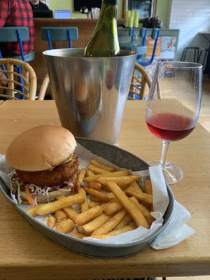 Vegan burger with chips   at His Boy Elroy in Wollongong