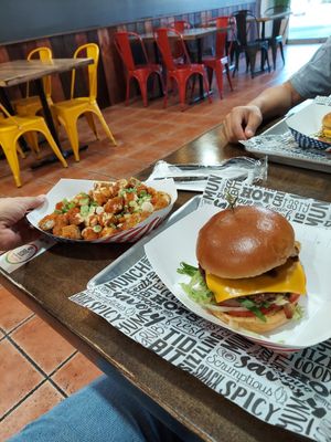 Vegan Buffalo tater tots and vegan Hawaii cheeseburger at Wanted Grill in Santa Clarita