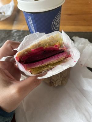 Smoked tofu, vegan mayo, pickles and beets  at Cloudburst Cafe in Squamish