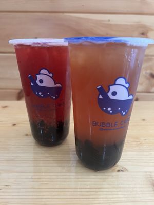 Two bubble teas but the taste was kinda off; they ask you how much you want the sweetness and we did 50% but it tasted like 3%  at Bubble Cafe in Athens