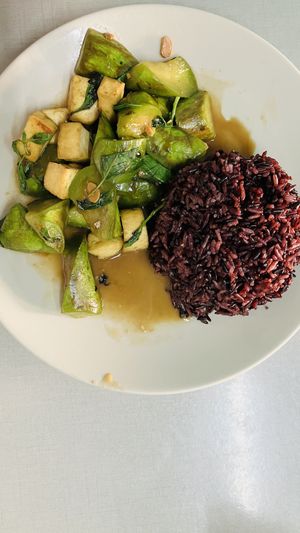 fried eggplant with rice  at J-Yai Restaurant Organic Vegetables in Chiang Mai