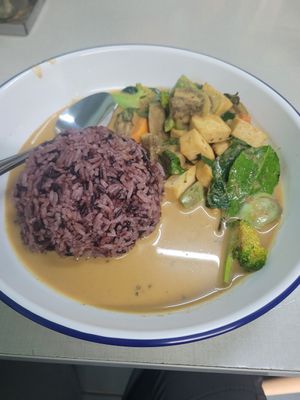 Red curry with tofu and vegetables. Asked for vegan with a vegan translation card. They understood. at J-Yai Restaurant Organic Vegetables in Chiang Mai