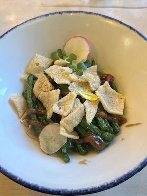 Green beans with cassava and peanutsauce  at Umami in Rotterdam