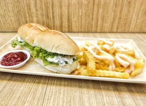 vegan tuna sandwich with fries, very good, recommended😋 at Yi Su Pin 一素品 - AMK in Northeast Singapore
