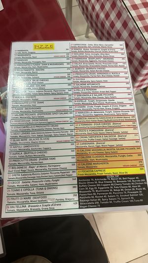 The menu  at Pizzeria Chiara in Koh Phangan