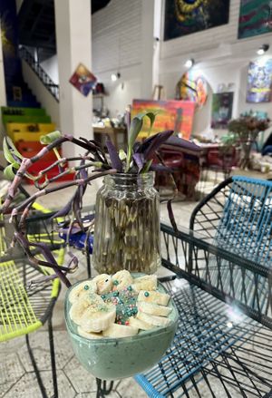 Mermaid bowl + dates + Almond butter + 🍄   at Chakrana Art Gallery & Conscious Cafe in Puerto Vallarta