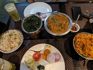 Jeera rice, tofu palak, tofu tikka masala, sechuan noodle at Chowpaty Pure Vegetarian Restaurant in Nairobi