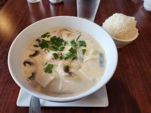 Tom kha soup (served with rice) + tofu at Sultan Thai in Sultan