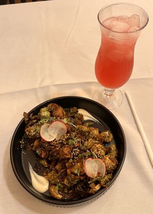 Roasted Jerk Brussels Sprouts; “Live long” drink.  at Elegant Cuizines - Pop Up in Richmond