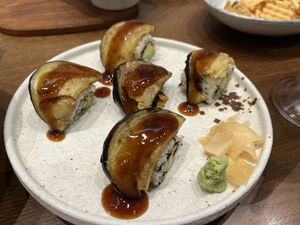 Vegan sushi with avocado and egg plant  at On the Table in Phuket