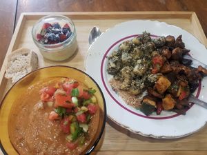 Gazpacho, gnocchis au pesto, yaourt à la rhubarbe at La Bouture in Strasbourg