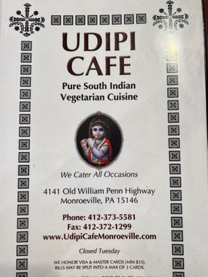 Front menu page  at Udipi Cafe in Monroeville