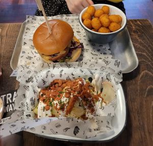 Sloppy-Faux Burger, Tots, and Lettuce Wedge with 'facon' & sauce at Fat Hippo in Cardiff