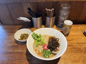 This is the vegan ramen with a side of mustard greens. It was delicious   at Noodle Factory Life in Oita