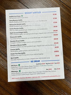 Menu with clearly marked vegan options  at Grandma's Ice Cream & Waffles in Rockville