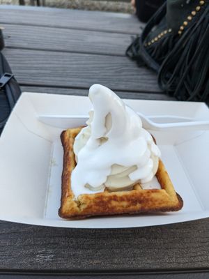Vanilla ice cream topped waffle at Grandma's Ice Cream & Waffles in Rockville