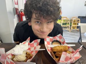 My son with his vegan chicken and waffle + vegan ice cream waffle  at Grandma's Ice Cream & Waffles in Rockville
