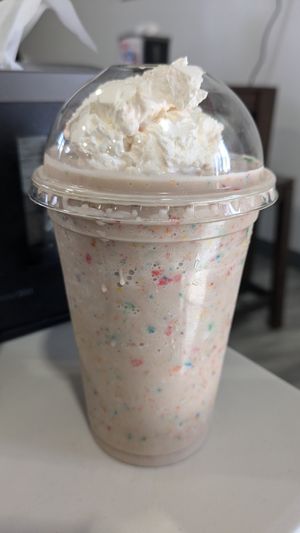 Vegan strawberry milkshake w/ fruity pebbles at Grandma's Ice Cream & Waffles in Rockville