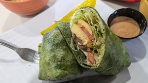 Vegan egg and sausage spinach wrap at Grandma's Ice Cream & Waffles in Rockville