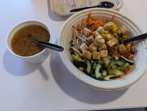 Miso soup and a tofu bowl at BIBIBOP in Cary