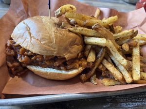 Pulled Bar-V-que sandwich with fries  at Hippy Hen House in Murrells Inlet