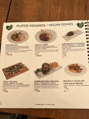 Vegan menu  at La Plaza in Malaga