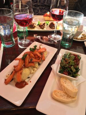 sweet potato and cauliflower bravas, green bean salad with sundried tomatoes and pine nuts  at La Plaza in Malaga
