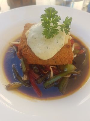 Delicious chickpea fritter from the vegan menu (no 19) at La Plaza in Malaga