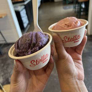 ube spooky cookie and strawberry crumblee  at Stella Jean's Ice Cream in Costa Mesa