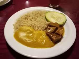 Rice with some kind of artificial meat or smth at Lorenabo in Guayaquil