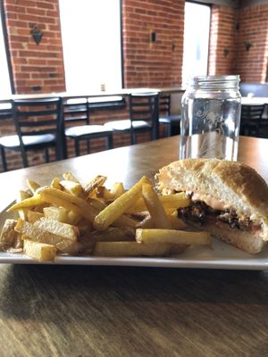 Split order of black bean burger and fries  at Alchemist Plant Pub  in Boise