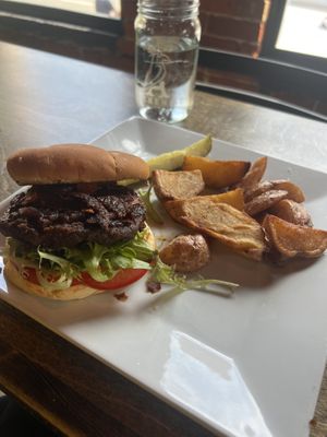 The Downtown Burger & “fries” (which were pleasantly seasoned and juicy thankfully)  at Alchemist Plant Pub  in Boise