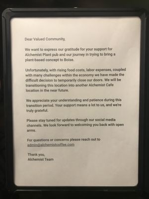 Temp closed 8.11.23  at Alchemist Plant Pub  in Boise