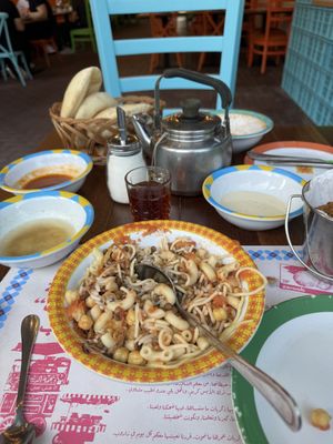 Koshari, bread and falafel and tea! Yum   at Zaroob in Dubai
