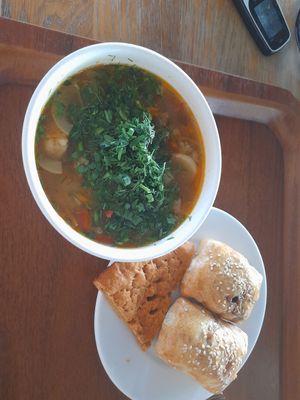Vegetable soup and spinach samosas at Do'stlar in Tashkent